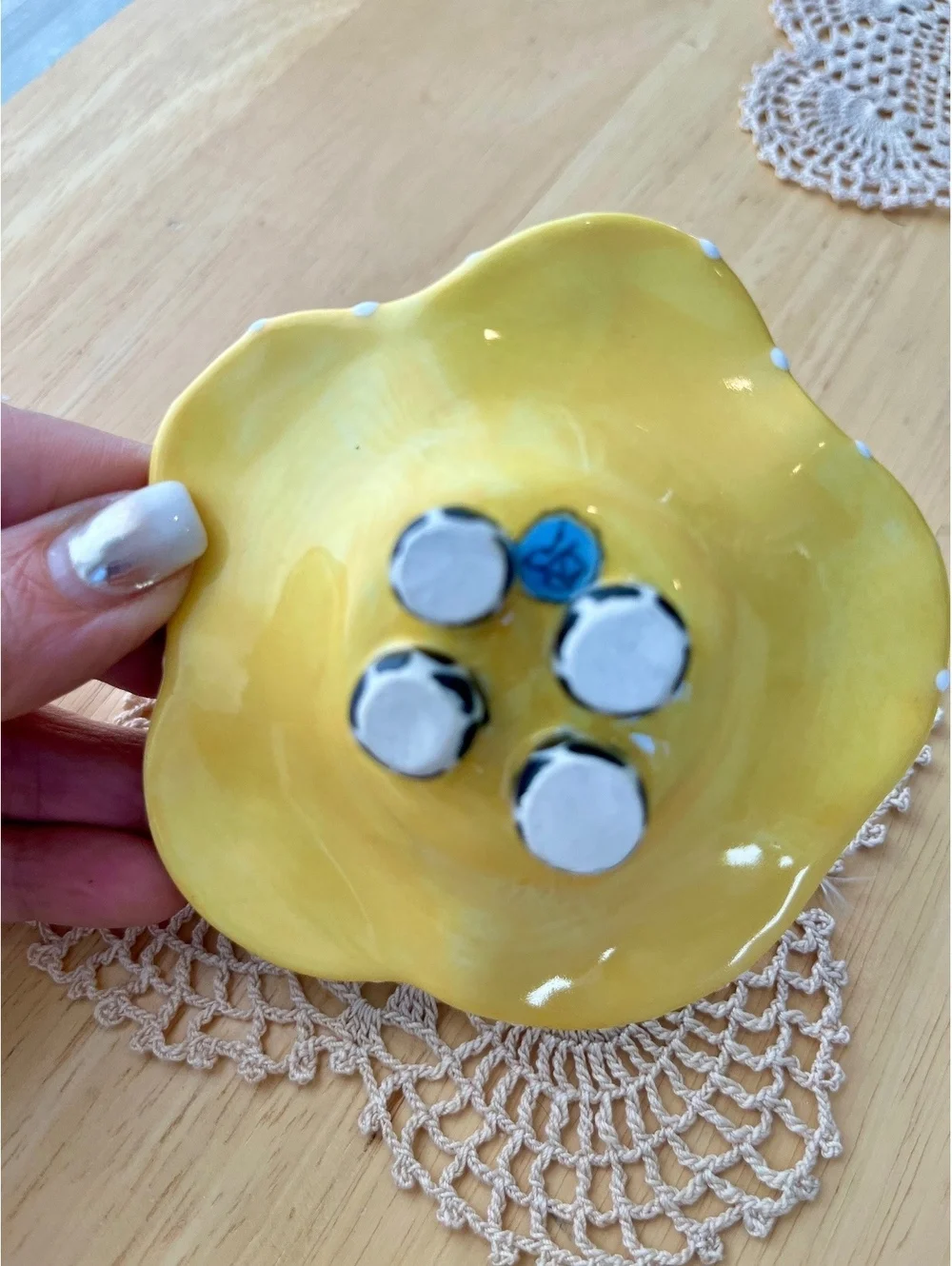 Handmade Ceramic Polka Dot Decorative Bowl with Yellow Accent